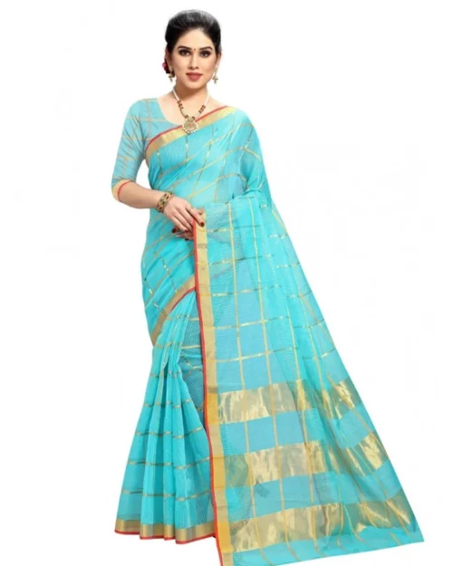 Generic Women's Kota Doria Cotton Checked Saree With Blouse (Sky Blue, 5-6 Mtrs)