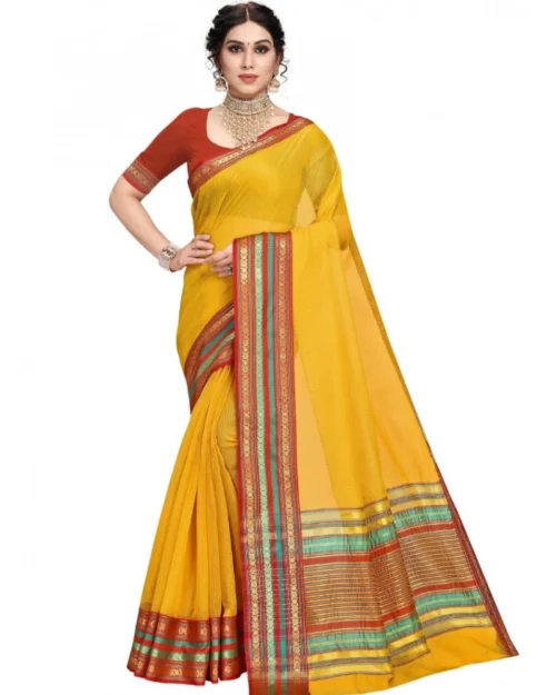Generic Women's Kota Doria Cotton Bordered Saree With Blouse (Yellow, 5-6 Mtrs)