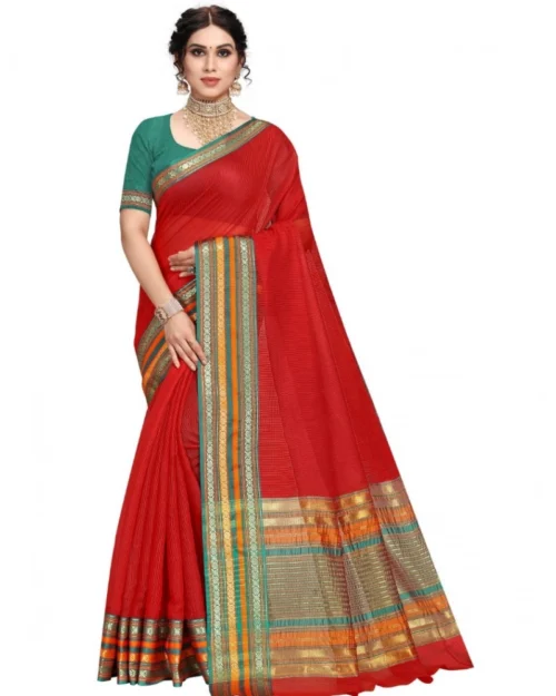 Generic Women's Kota Doria Cotton Bordered Saree With Blouse (Red, 5-6 Mtrs)