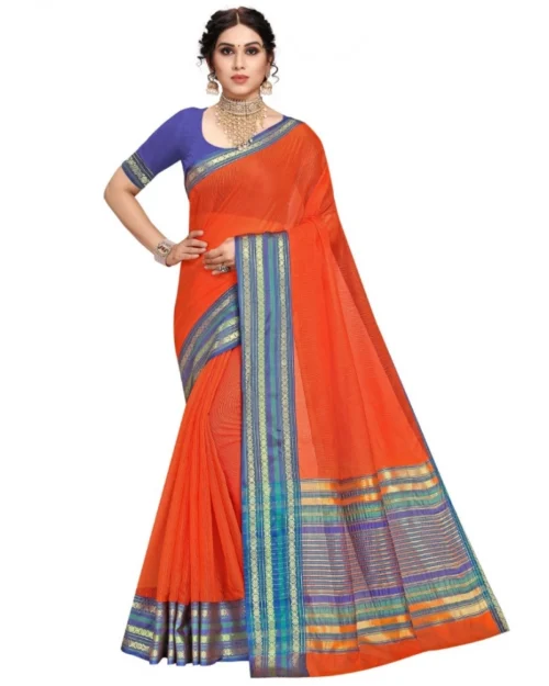 Generic Women's Kota Doria Cotton Bordered Saree With Blouse (Fanta, 5-6 Mtrs)