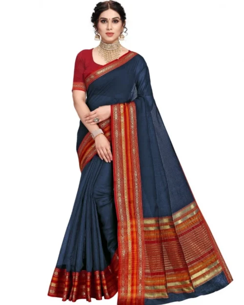 Generic Women's Kota Doria Cotton Bordered Saree With Blouse (Navy Blue, 5-6 Mtrs)