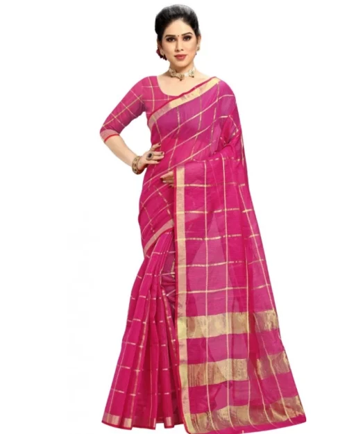 Generic Women's Kota Doria Cotton Checked Saree With Blouse (Rani, 5-6 Mtrs)