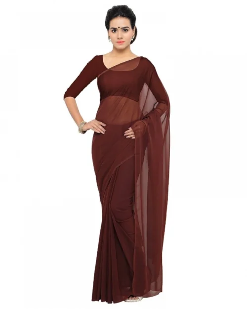 Generic Women's Georgette Plain Saree With Blouse (Coffee, 5-6 Mtrs)