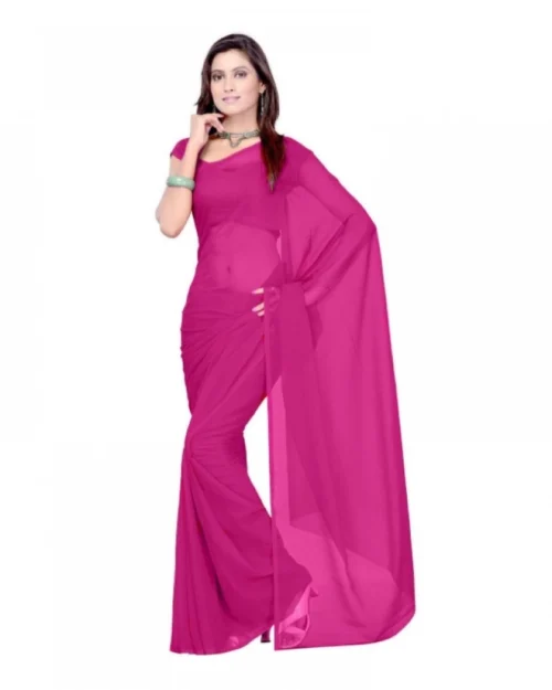 Generic Women's Georgette Plain Saree With Blouse (Wine, 5-6 Mtrs)