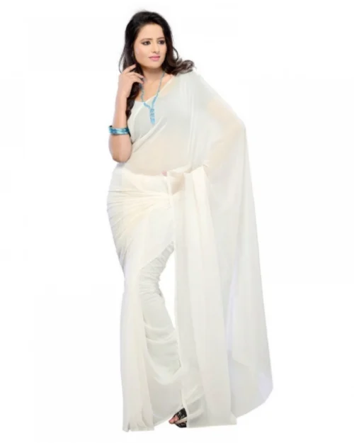 Generic Women's Georgette Plain Saree With Blouse (white, 5-6 Mtrs)