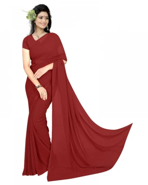 Generic Women's Georgette Plain Saree With Blouse (Maroon, 5-6 Mtrs)