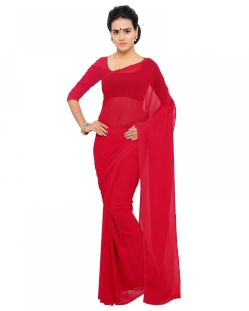 Generic Women's Georgette Plain Saree With Blouse (Red, 5-6 Mtrs)
