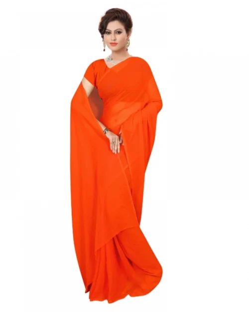 Generic Women's Georgette Plain Saree With Blouse (Orange, 5-6 Mtrs)