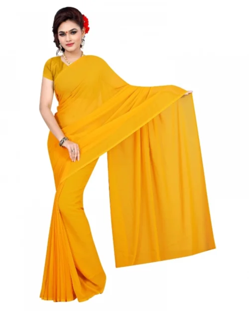 Generic Women's Georgette Plain Saree With Blouse (Gold, 5-6 Mtrs)