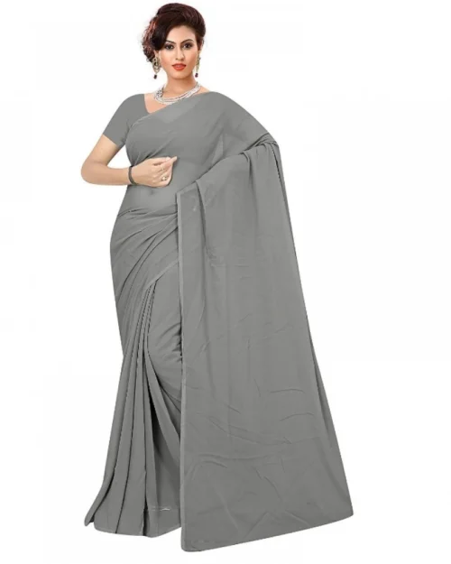 Generic Women's Georgette Plain Saree With Blouse (Grey, 5-6 Mtrs)