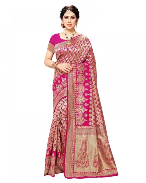 Generic Women's Jacquard Silk Kanjivaram Jacquard Silk Saree With Blouse (Pink, 5-6 Mtrs)