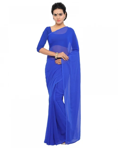 Generic Women's Georgette Plain Saree With Blouse (Royal Blue, 5-6 Mtrs)