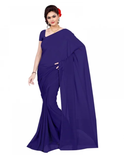 Generic Women's Georgette Plain Saree With Blouse (Navy Blue, 5-6 Mtrs)
