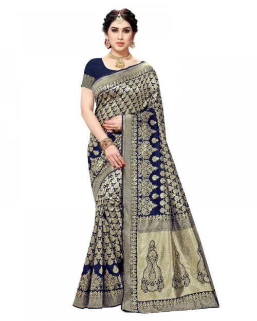 Generic Women's Jacquard Silk Kanjivaram Jacquard Silk Saree With Blouse (Navy Blue, 5-6 Mtrs)