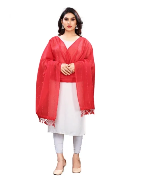 Generic Women's Cotton Silk Strips Printed Dupatta (Red, Length:2-2.4 mtr)