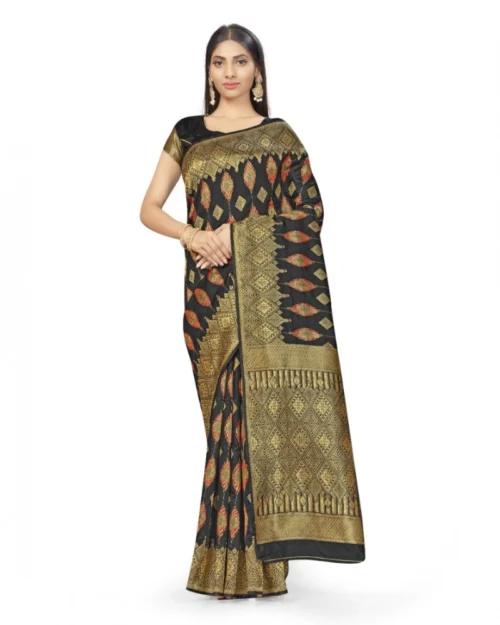 Generic Women's Banarasi Silk Saree With Blouse (Black, 5-6Mtrs)