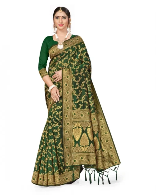 Generic Women's Banarasi Silk Saree With Blouse (Green, 5-6Mtrs)
