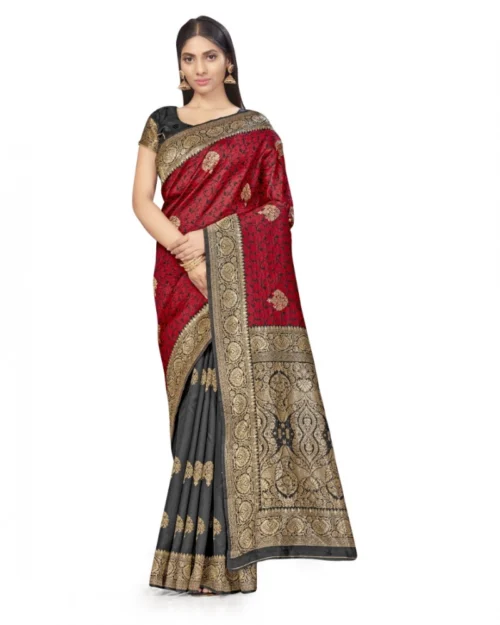 Generic Women's Banarasi Silk Saree With Blouse (Black, Red, 5-6Mtrs)