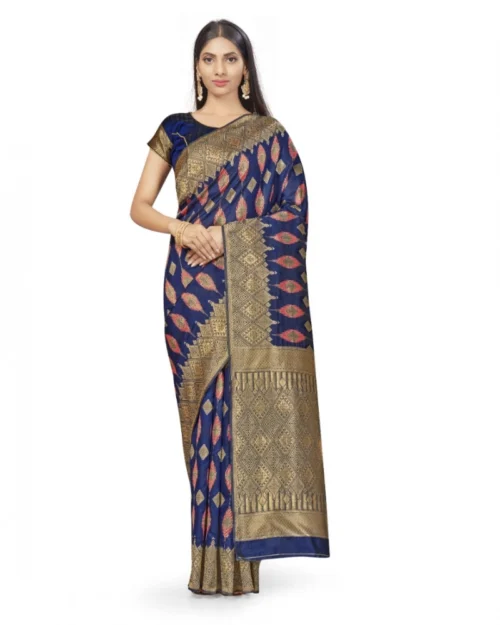 Generic Women's Banarasi Silk Saree With Blouse (Navy Blue, 5-6Mtrs)