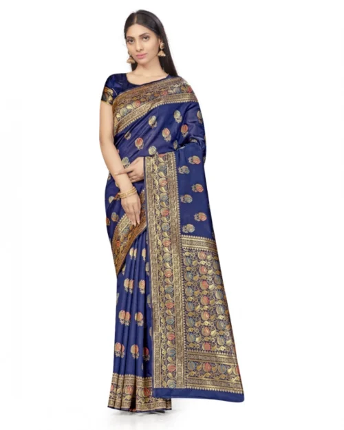 Generic Women's Banarasi Silk Saree With Blouse (Navy Blue, 5-6Mtrs)