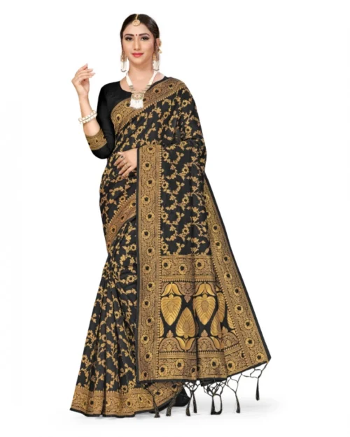 Generic Women's Banarasi Silk Saree With Blouse (Black, 5-6Mtrs)