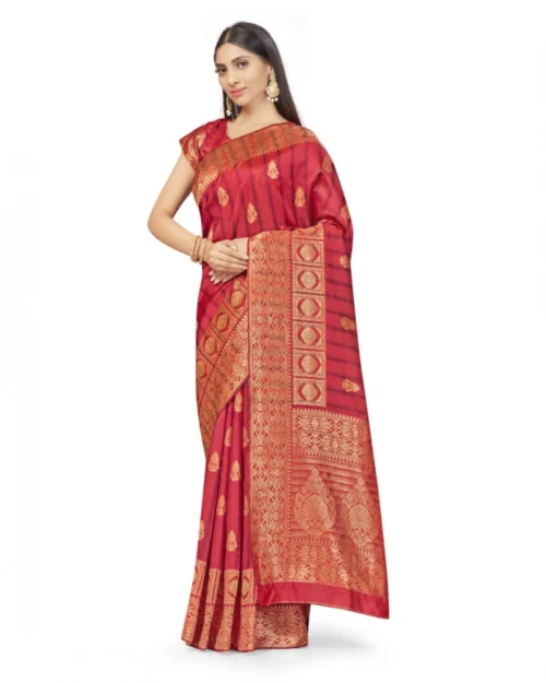 Generic Women's Banarasi Silk Saree With Blouse (Peach, 5-6Mtrs)