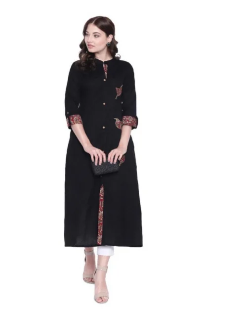 Generic Women's Khadi Printed A Line Kurti  (Black, Khadi)