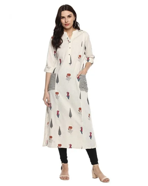 Generic Women's Khadi Printed A Line Kurti (Off White, Khadi)