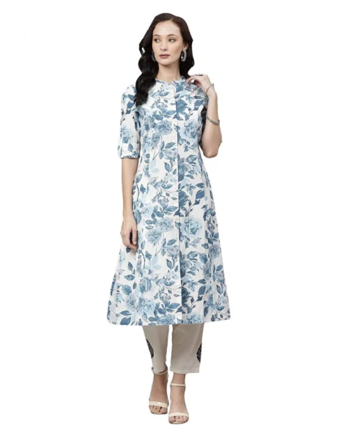 Generic Women's Cotton Printed Floral Print Kurti (White, Blue, Cotton)