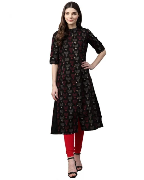 Generic Women's Cotton Printed A Line Kurti (Black, Cotton)