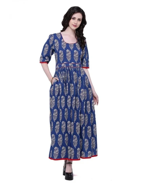 Generic Women's Cotton Printed Anarkali Kurti (Blue, Cotton)