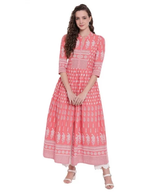 Generic Women's Cotton Printed Regular Kurti (Peach, Cotton)