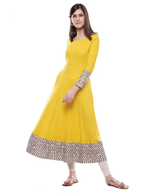 Generic Women's Rayon Printed Solid Anarkali Kurti (Yellow, Rayon)