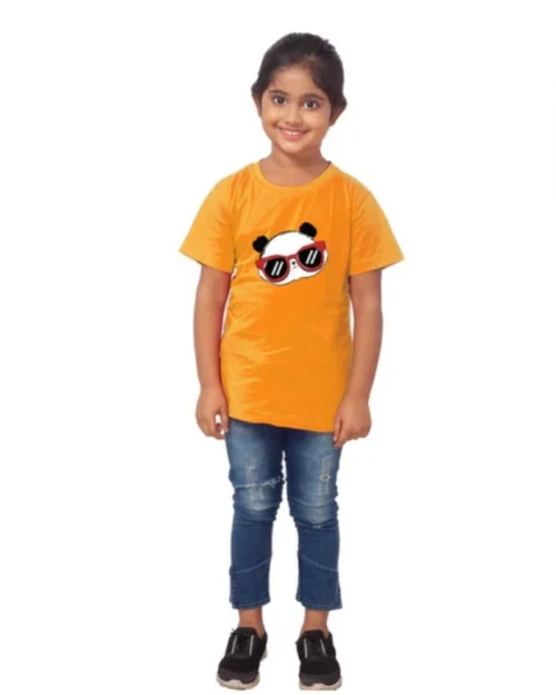Generic Girls Cotton Panda Glass Half Sleeve TShirt (Mustard)