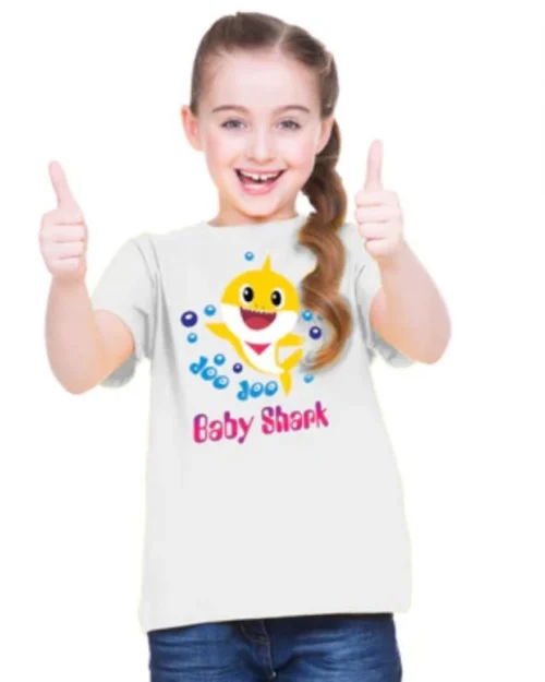 Generic Girls Cotton Baby Shark Half Sleeve TShirt (White)