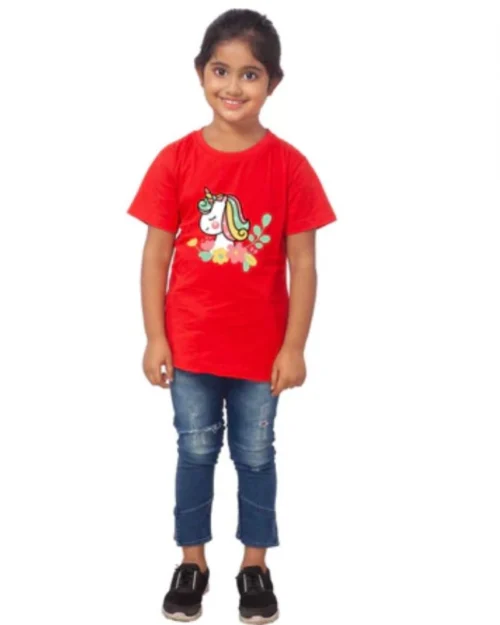 Generic Girls Cotton Unicorn Face Half Sleeve TShirt (Red)