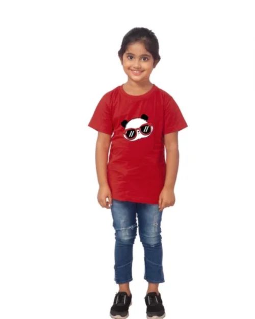 Generic Girls Cotton Panda Glass Half Sleeve TShirt (Maroon)