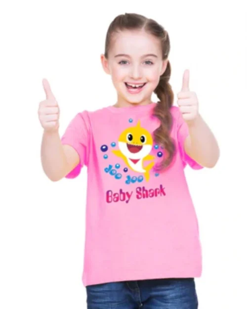 Generic Girls Cotton Baby Shark Half Sleeve TShirt (Pink)