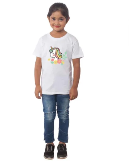 Generic Girls Cotton Unicorn Face Half Sleeve TShirt (White)