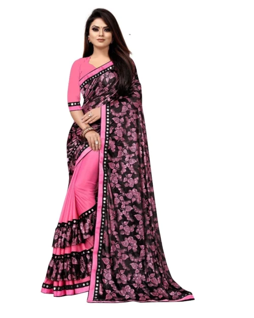 Generic Women's Lycra Blend Saree with Blouse (Pink, 5-6 Mtrs)