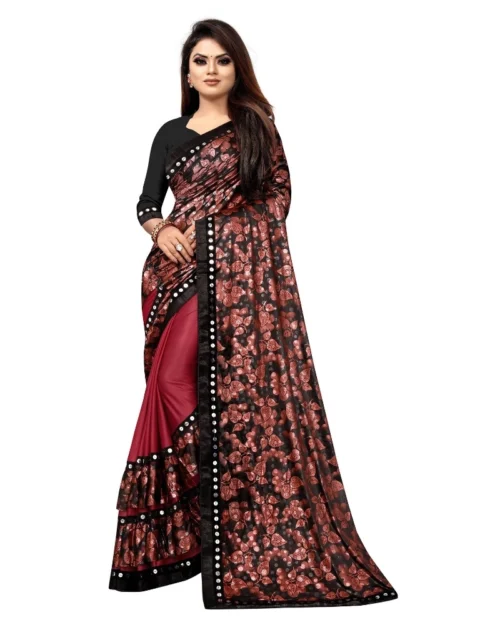 Generic Women's Lycra Blend Saree with Blouse (Red, 5-6 Mtrs)