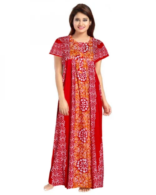 Generic Women's Cotton Printed Maxi Nighty (Red)