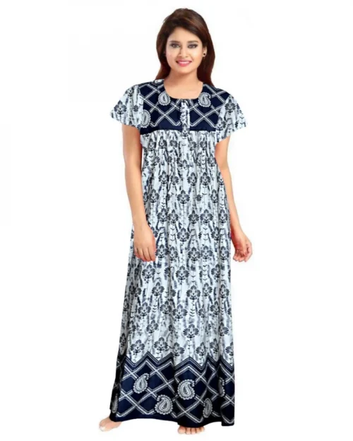 Generic Women's Cotton Printed Maxi Nighty (Navy Blue)