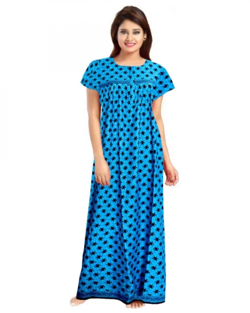 Generic Women's Cotton Printed Maxi Nighty (Aqua Blue)