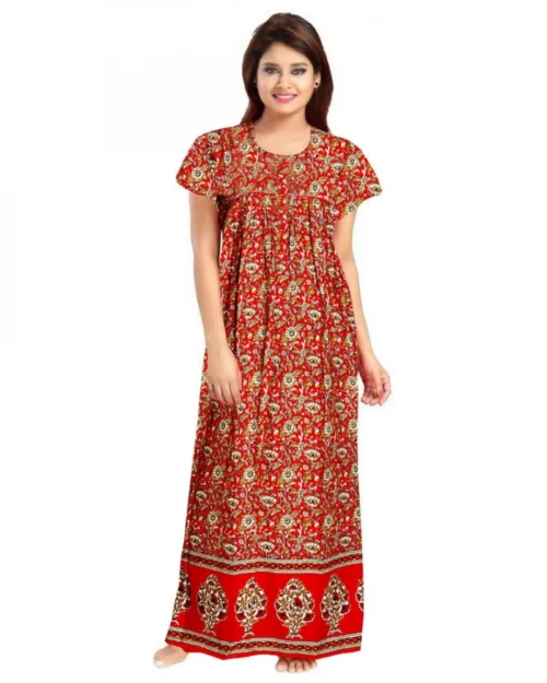 Generic Women's Cotton Printed Maxi Nighty (Red)