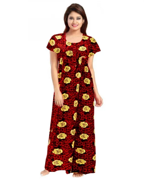 Generic Women's Cotton Printed Maxi Nighty (Maroon)
