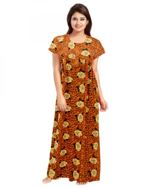 Generic Women's Cotton Printed Maxi Nighty (Mustard)