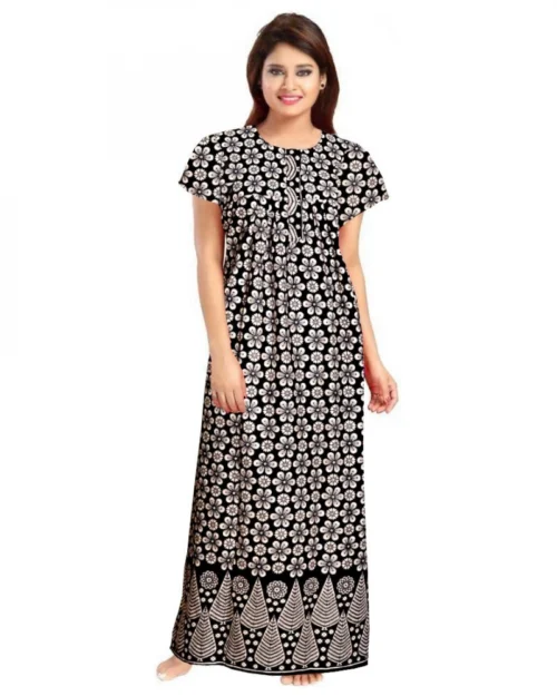 Generic Women's Cotton Printed Maxi Nighty (Black)