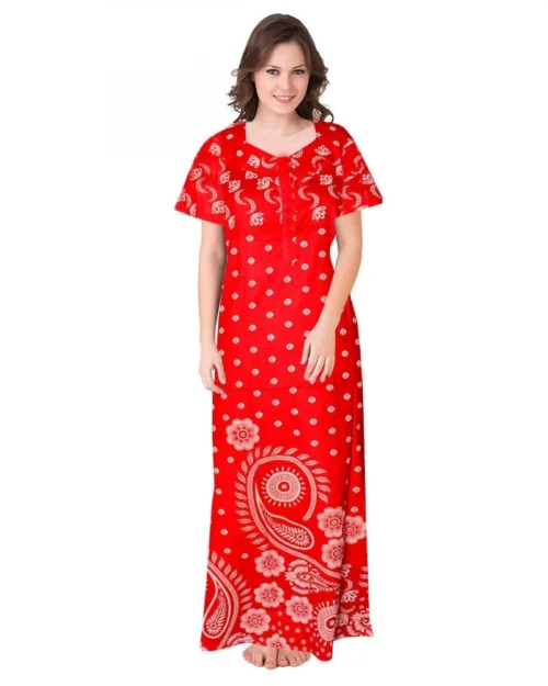 Generic Women's Cotton Printed Maxi Nighty (Red)