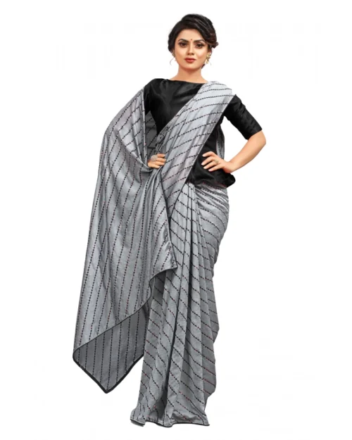 Generic Women's Vichitra Saree with Blouse (Grey, 5-6 Mtrs)